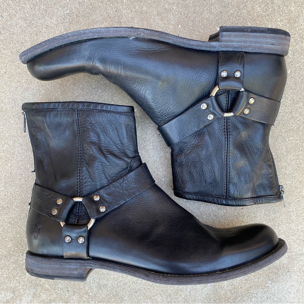 Frye Dark Leather Ankle Boot with Metal Accents